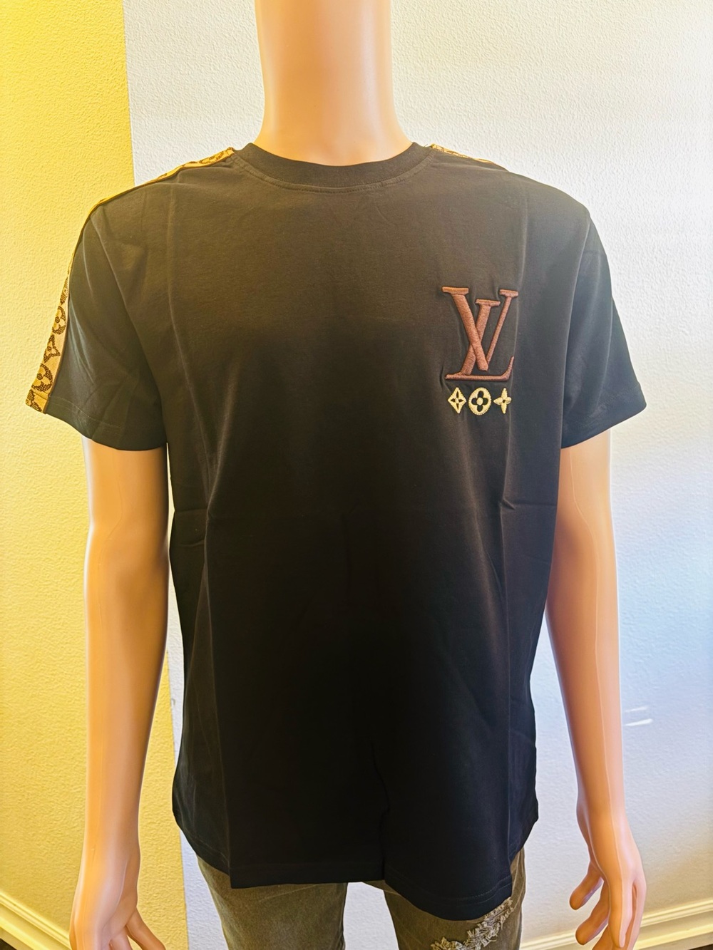 Louis Vuitton Black T-Shirt with Brown LV Patch and Gold Monogram Trim